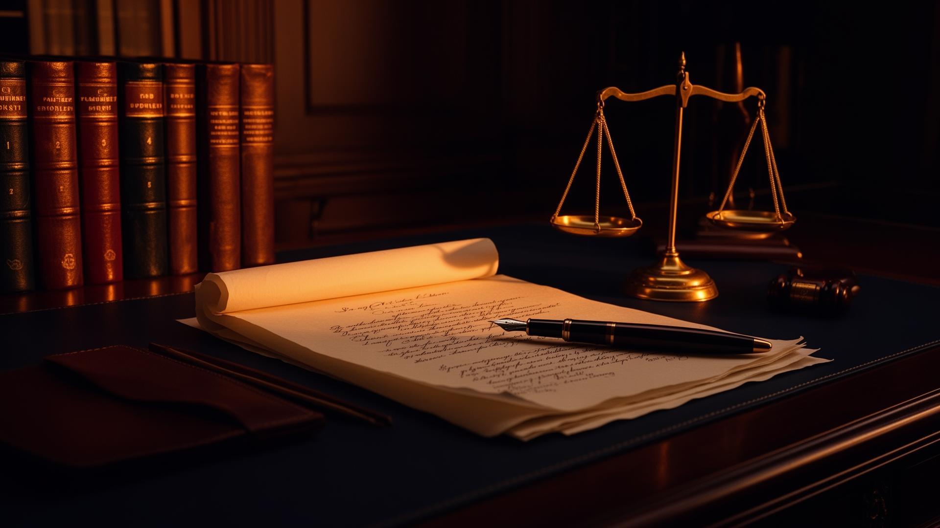 Attorney's desk with leather books and brass scales of justice
